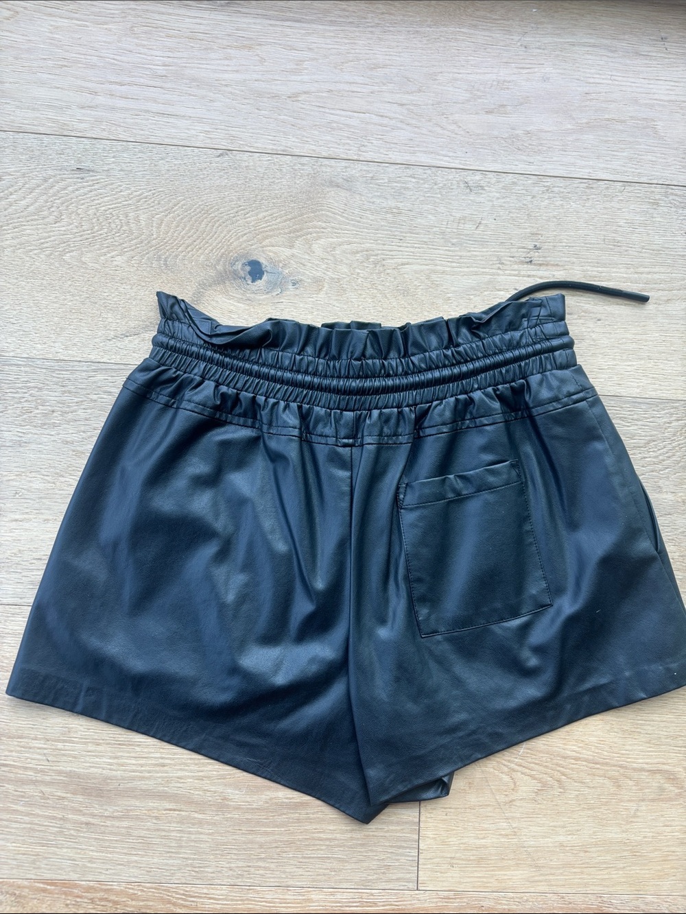 Women's Black Faux Leather Athletic Shorts with Drawstring Waist - Picture 2 of 3
